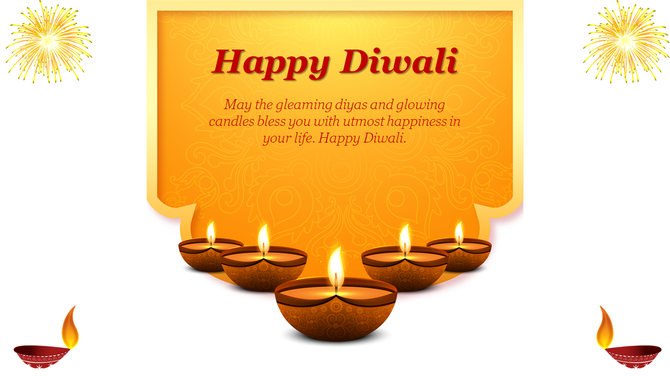A festive Diwali PPT slide with glowing diyas and candles, featuring a greeting and a message of blessings on a yellow theme.