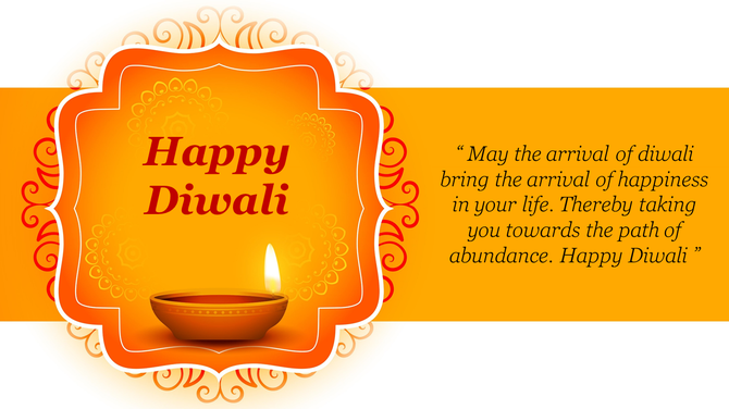 Orange and white Diwali greeting with a lit clay lamp, red and gold decorative border, and festive message on the right.