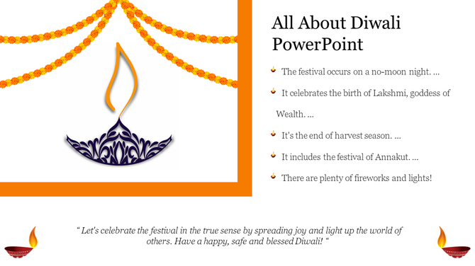 Diwali slide featuring a floral garland and an intricate diya inside an orange bordered box and text on the right.