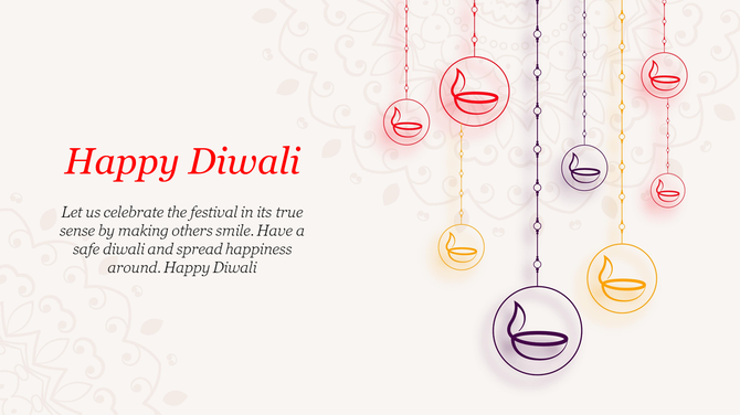 A Diwali presentation slide with hanging diya icons in red, yellow, and purple, accompanied by a festive message.