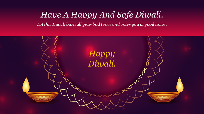 Elegant Diwali greeting with glowing clay lamps, golden decorative arc, and festive wishes in white and yellow text.