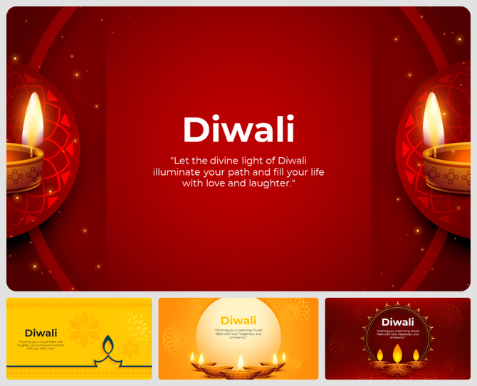 Diwali-themed slides with red and yellow backgrounds, featuring diya lamps and festive patterns.