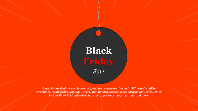 A black tag with black Friday sale text on a red background, emphasizing early deals and promotions at various retailers.