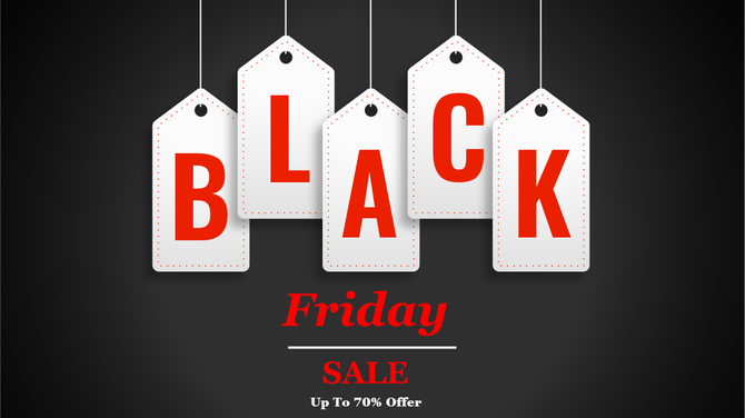 Black Friday sale banner featuring hanging price tags with large red letters and a discount offer, on a dark backdrop.