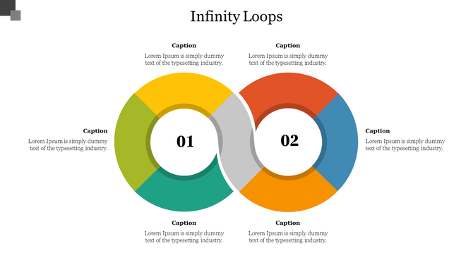 Two overlapping infinity loops with numbers, divided into six sections in green, teal, yellow, orange, blue, and red.