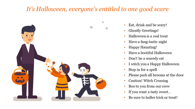 Halloween slide featuring a father handing out candy to two children in costumes, with a list of text on the right.