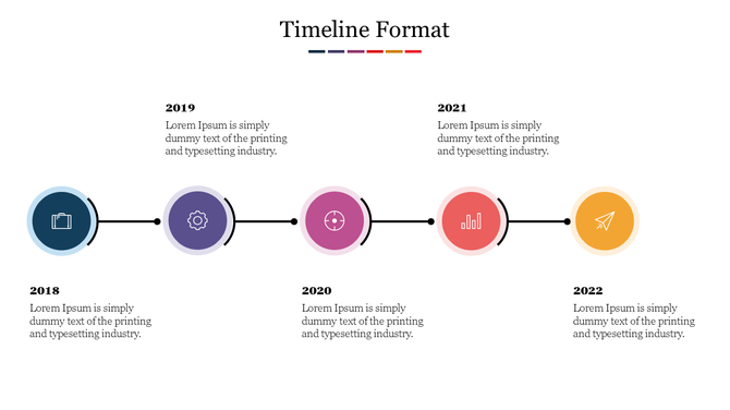 Clean timeline design featuring icons and descriptions for each year from 2018 through 2022, with alternating positions.