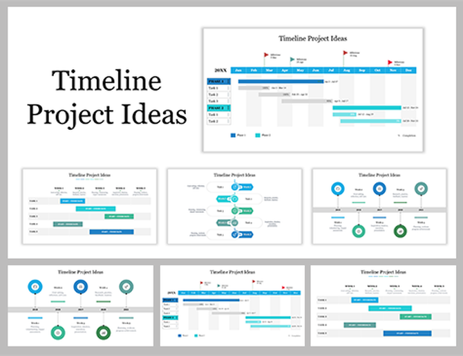 Collection of slide featuring different chart and graph styles in shades of blue and green.