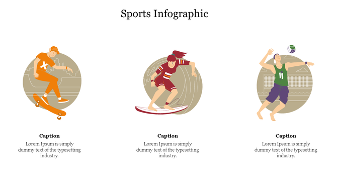 Illustrated sports slide showing a skateboarder, surfer, and volleyball player in circular designs with caption areas.