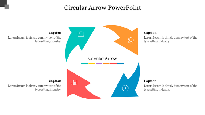 Circular four arrow infographic with icons for briefcase, gear, chart, and target, each arrow in a color with captions. 