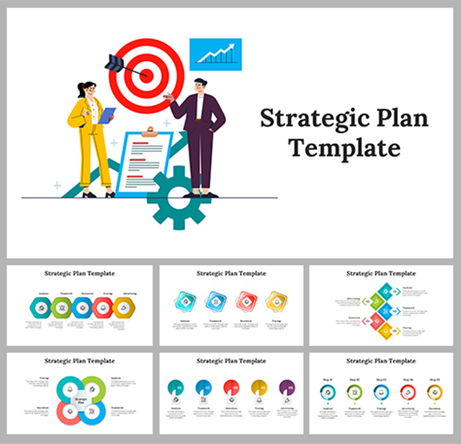 Template with a cover slide showing two people and a target, and six preview slides with different colored diagram layouts.
