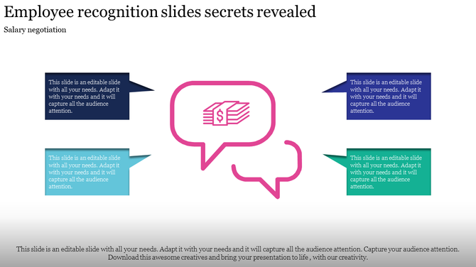Layout with colorful speech bubbles for employee recognition framing a central pink bubble with a dollar sign graphic.