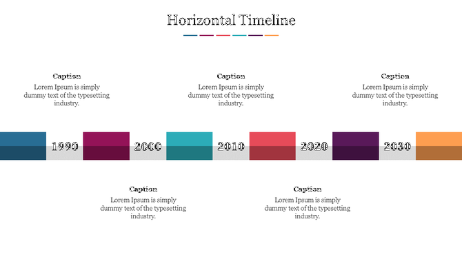Timeline with rectangular sections in blue, pink, teal, orange, purple, and yellow, across the years from 1990 to 2030.