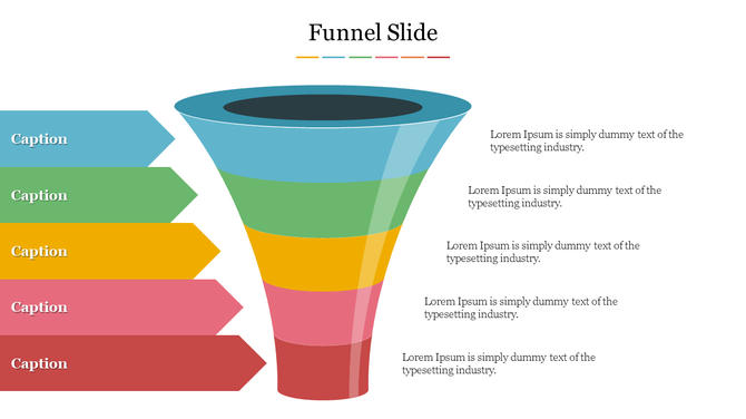Colorful funnel infographic with five input arrows and text on the right, illustrating a step by step filtering process.