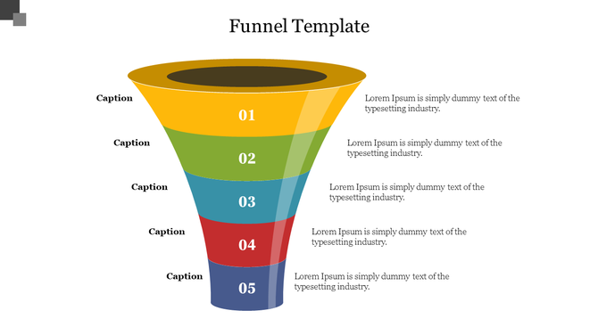 Funnel diagram with five sections in yellow, green, teal, red, and blue, labeled with 01 to 05, captions on the side.