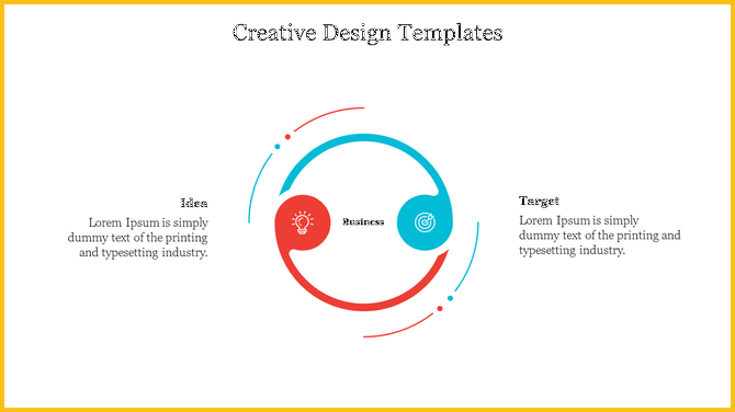 Creative slide with a circle in red and blue sections, connected by arrows in a dynamic, circular motion.
