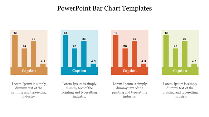 Four vertical bar charts in orange, blue, red, and green on a white background, each with captions below.