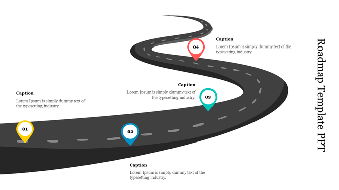 Roadmap template showing a curved road with four colored location markers, each pointing to text placeholders.