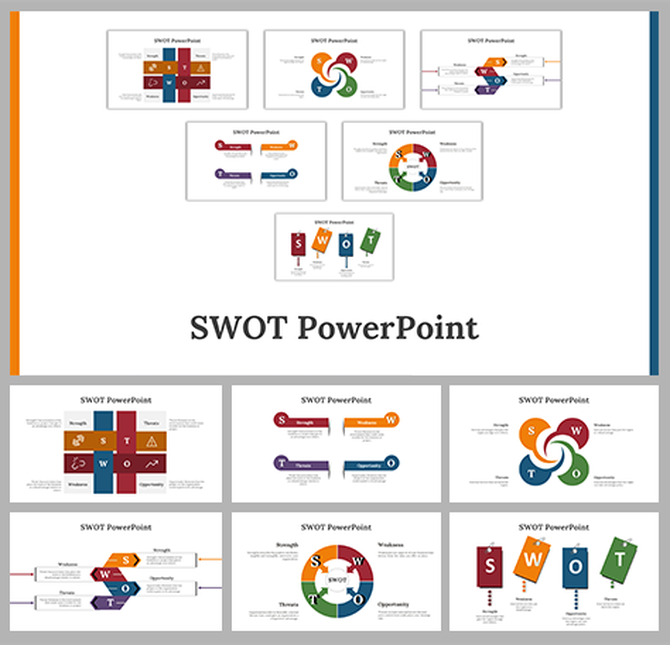SWOT slide designs with a mix of formats, including linear, circular, and infographic styles, each highlighting from strength to weakness.
