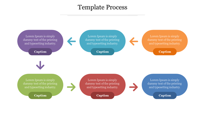 Template process slide with six colored stages in a flowchart style, featuring arrows and placeholder text in each step.