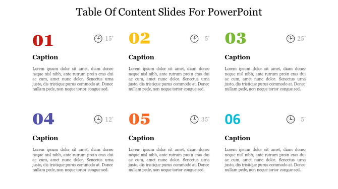 Table of content slide with six colorful numbered sections, time indicators, and captions beneath.