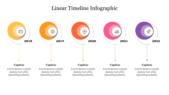 Linear timeline infographic slide displaying milestones from 2018 to 2022 with colorful circular icons for each year.
