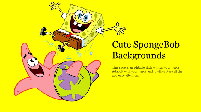 SpongeBob SquarePants and Patrick Star jumping with joy on a bright yellow background with a text area.