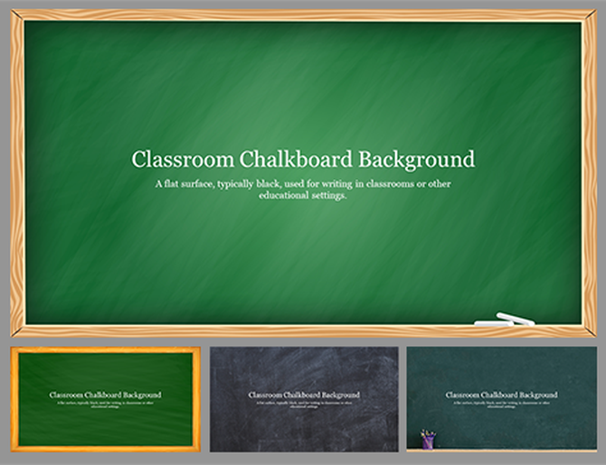 Educational presentation slides with a chalkboard design, wood border, and green texture.