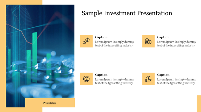 Investment presentation slide with a blue financial chart background and icons representing different investment aspects.