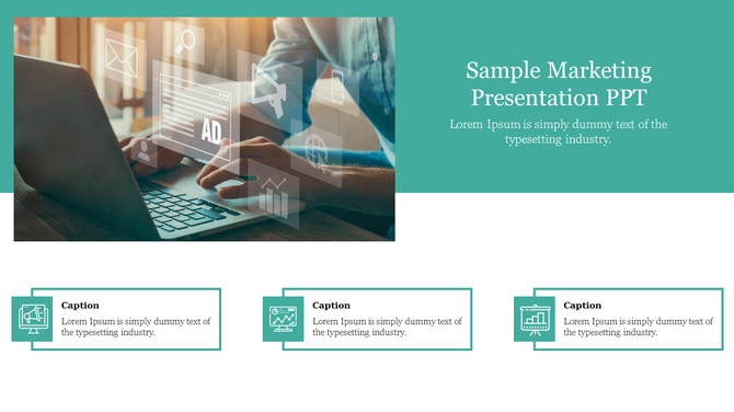 Marketing presentation slide featuring a laptop with digital icons, and three captions beneath in teal boxes below.