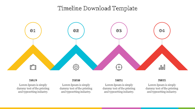 Colorful timeline with four segments, each labeled with a year from 2019 to 2022 and featuring corresponding icons.