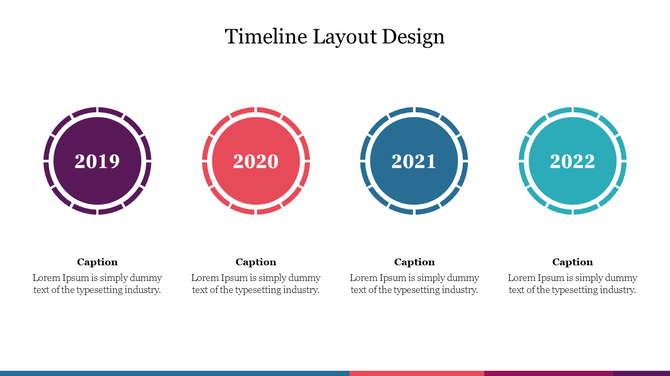 Timeline layout with four circular milestones labeled 2019, 2020, 2021, and 2022, each with a caption below.