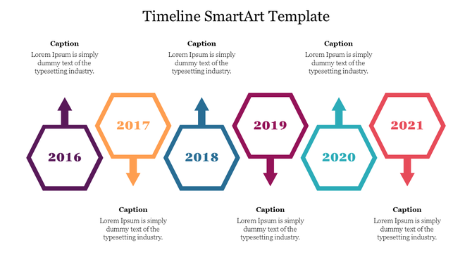 Timeline with hexagonal shapes and arrows in purple, yellow, blue, red, green, and orange, for years 2016 to 2021.