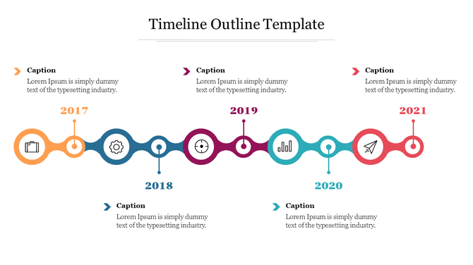 Horizontal timeline with four milestones marked as 2017, 2018, 2019, and 2021, each with an icon and caption below.