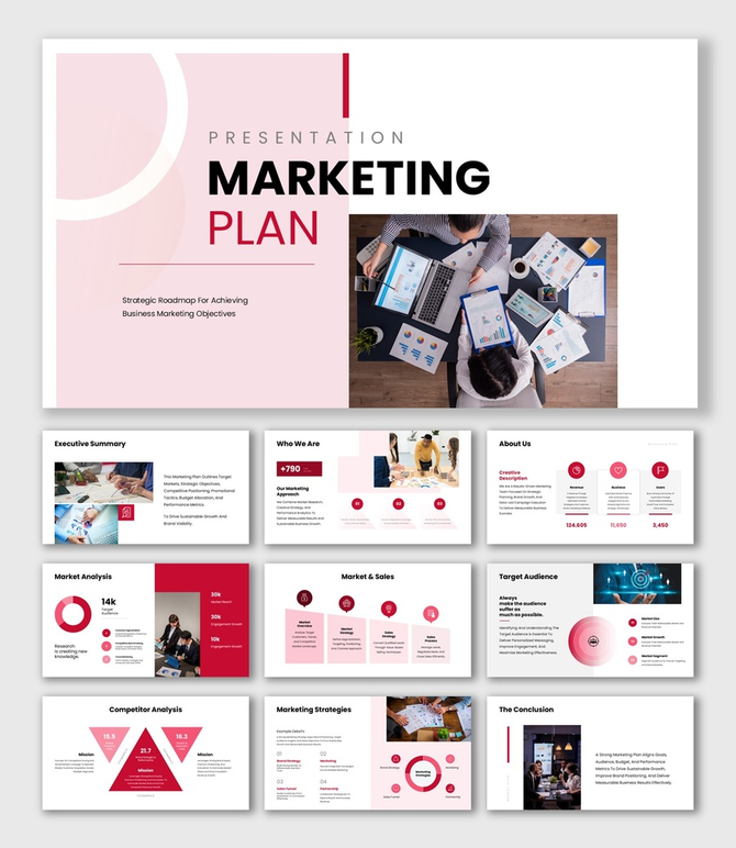 A market plan presentation template layout with marketing analysis charts, icons, and modern red theme design.