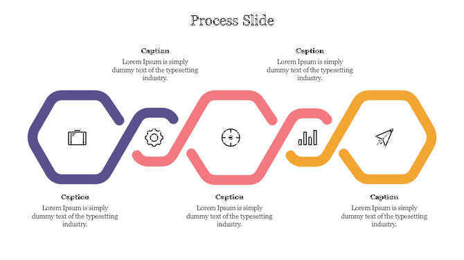 Sequential hexagon shapes in purple, pink, and orange with icons and captions, forming a connected process flow.