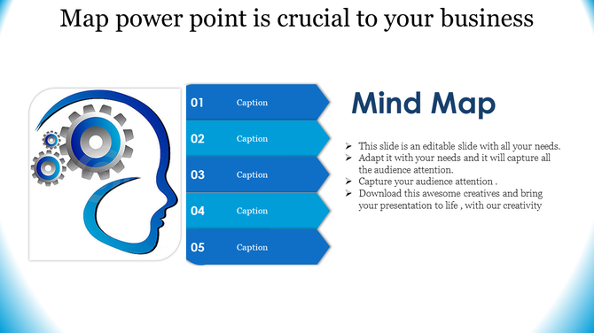 Mind map slide with a blue silhouette of a head and gears, alongside five horizontal blue captions numbered 01 to 05.