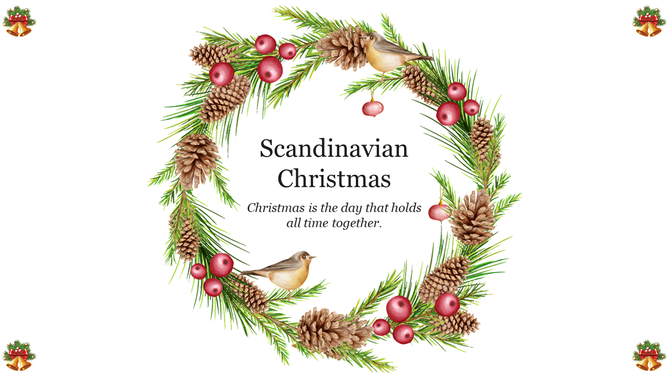 Scandinavian Christmas theme with a wreath of pine, pinecones, red berries, and small birds, with a holiday greeting.