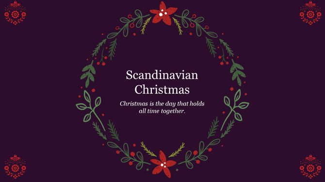 Minimalist Scandinavian Christmas slide with wreath, red flowers, and festive ornaments in corners on a dark background.