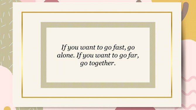 Centered quote on cream colored card with golden border accents and soft pastel shapes in the background.