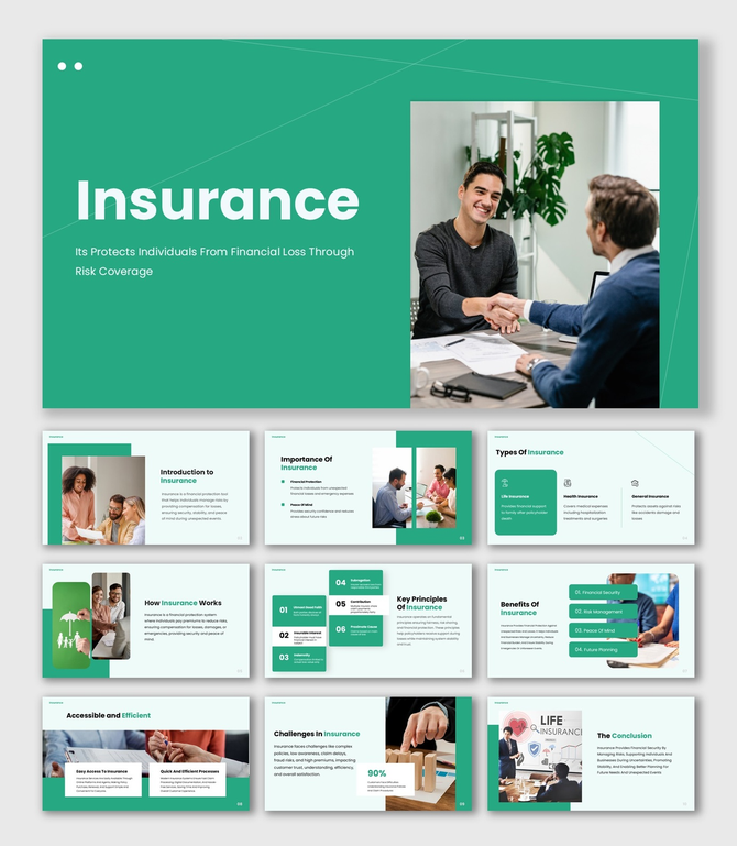 Insurance presentation with green theme, business meeting photos, icons, shapes, and clear content layouts.