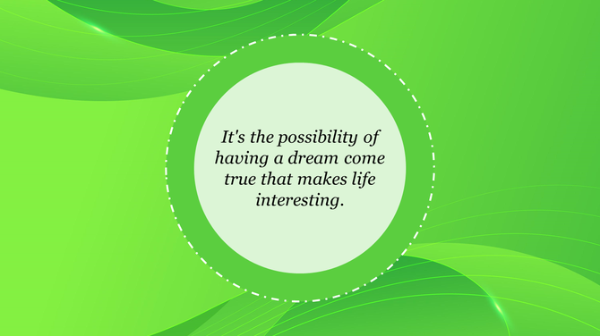 Bright green abstract background with flowing lines and a circular text box featuring an inspiring quote.