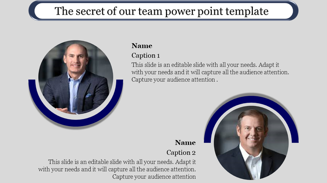 Team profile slide with two circular headshots of men, positioned above placeholders for names and captions.