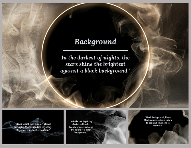 A mysterious black background slides with swirling smoke and an inspirational quote in the center.