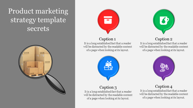 Product marketing slide with a magnifying glass over boxes and four colorful caption bubbles on the right.