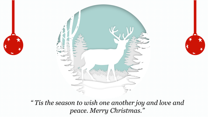 Snowy forest illustration with a reindeer inside a window, decorated with red Christmas ornaments, and a festive quote.