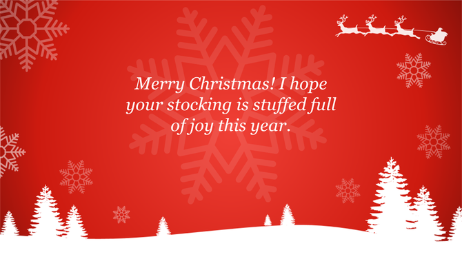 Red Christmas card design with large snowflakes, white pine trees, and Santa's sleigh flying with reindeer, with the message.