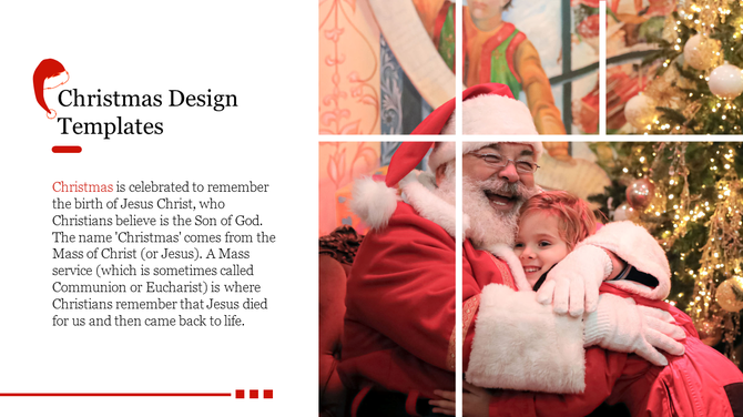Christmas template with a photo collage of Santa with a child, framed by a red and white theme and informative text.