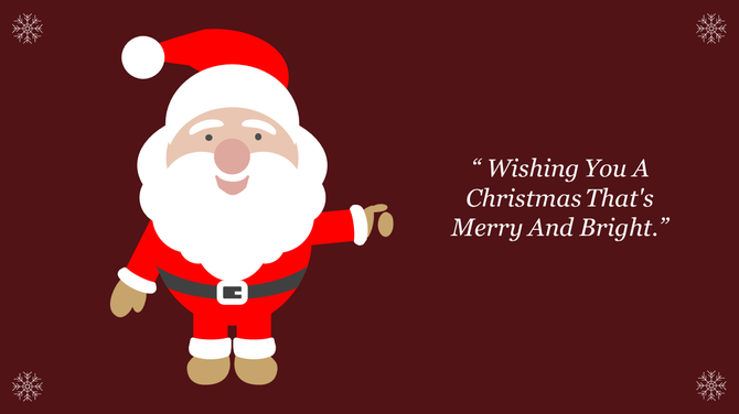A Christmas PPT slide featuring an animated Santa Claus with a quote on a festive background.