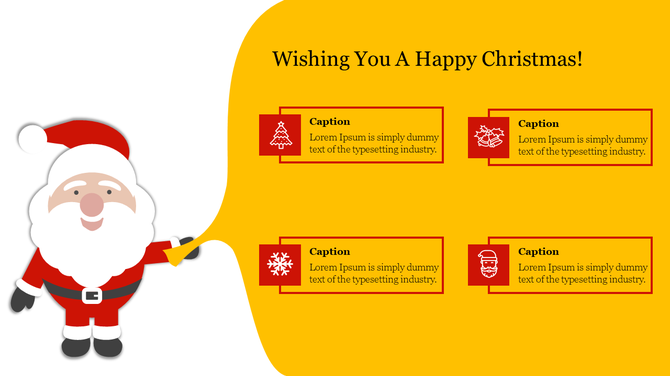 A festive Christmas PowerPoint template featuring an animated Santa Claus with a yellow background and four caption boxes.